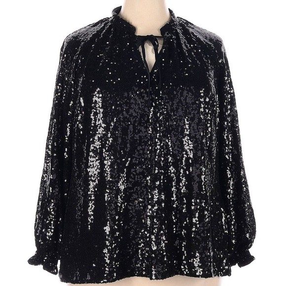 Plus size 2x Designer Crown & Ivy Black Sequin Long Sleeve Evening Blouse 2X - Picture 1 of 9